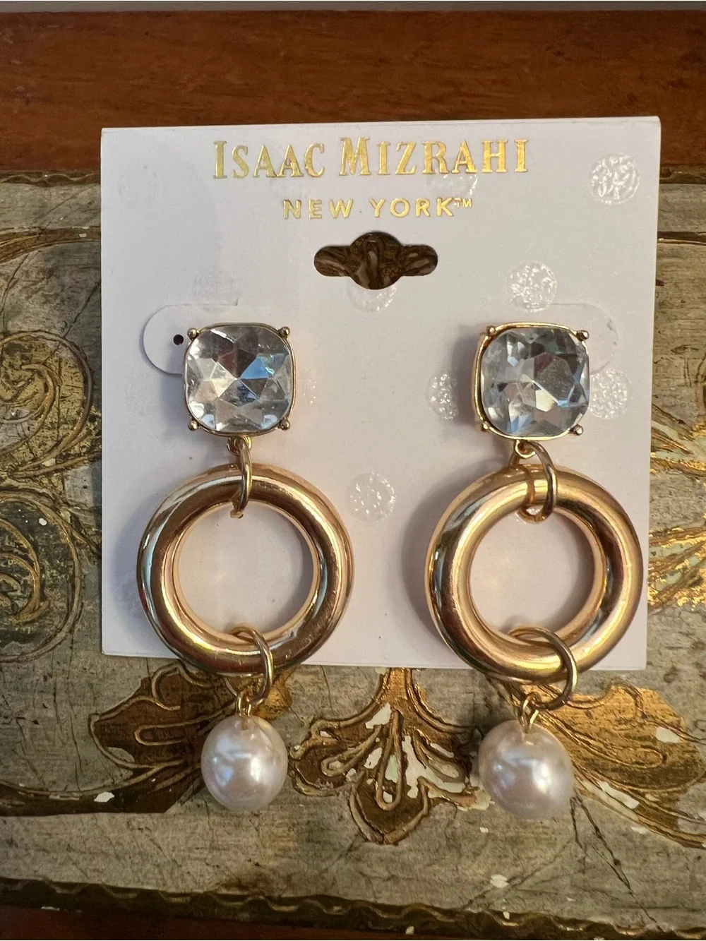 Isaac Mizrahi Gold Dangle Earrings with Clear Crystal Studs and Pearl Drops NWT